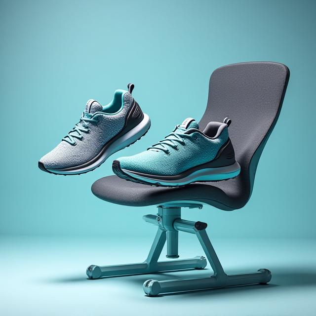 Surreal composition of high-performance running shoes and ergonomic furniture