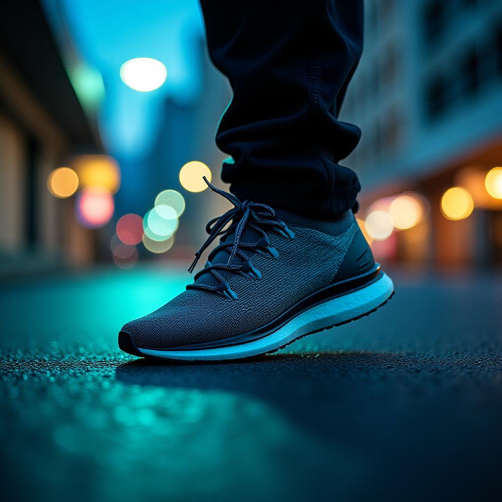 Close up of professional running shoes on an urban surface