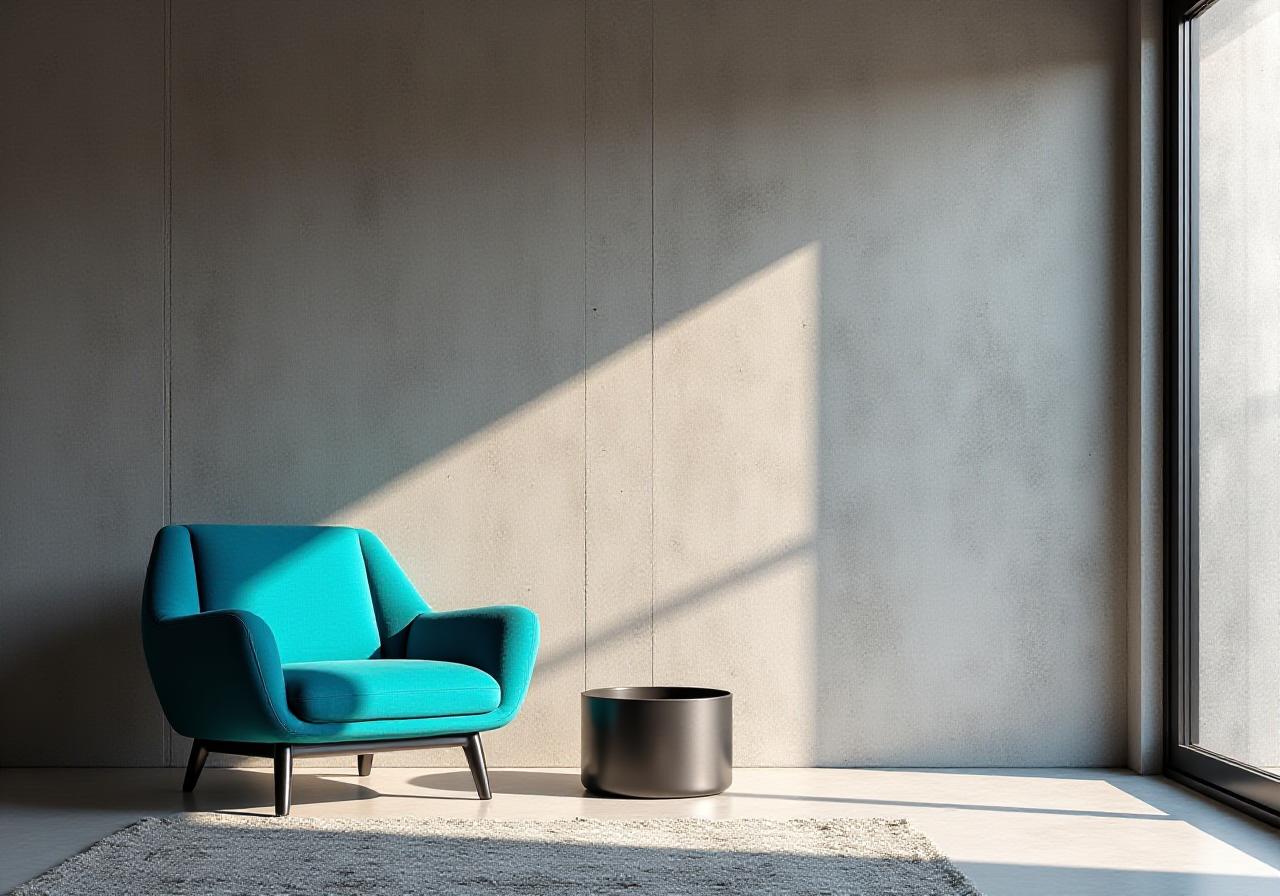 Artistic brutalist living room layout with bold furniture