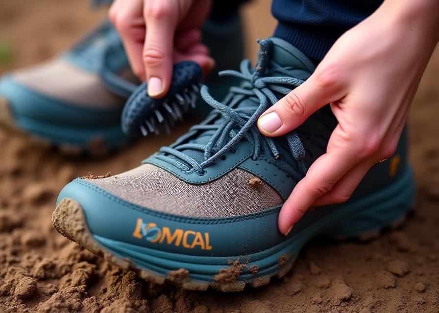 Person cleaning running shoes with a soft brush